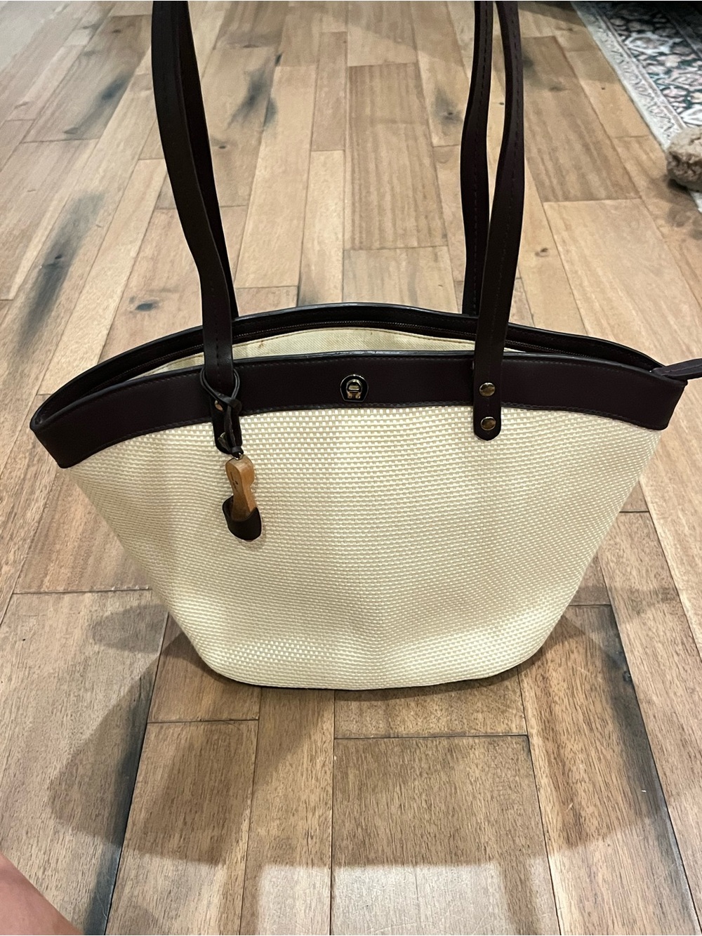 Etienne Aigner Straw Cream and Dark Brown Tote